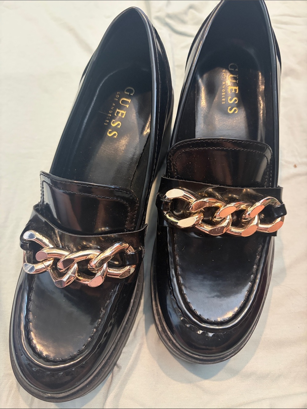 GUESS Black Patent Loafers with Gold Chain Detail